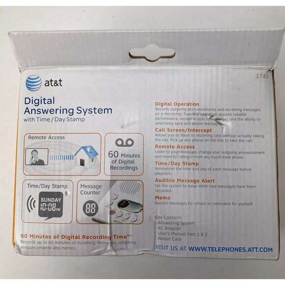 AT&T 1740 Digital Answering Machine System 60 Minutes Remote Access Telephone - Picture 2 of 5